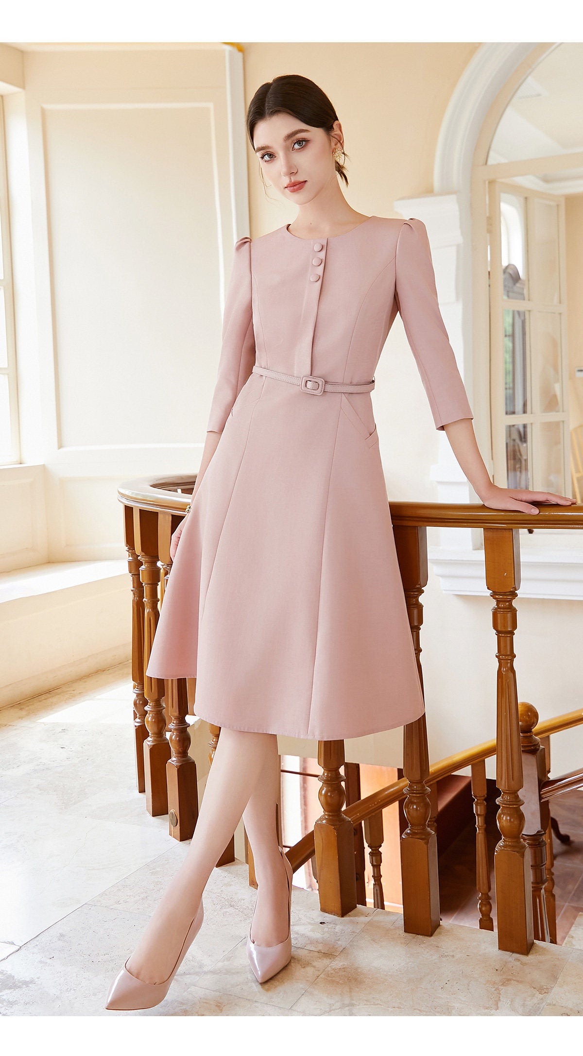 Temperament mid-sleeve pink dress (with belt)