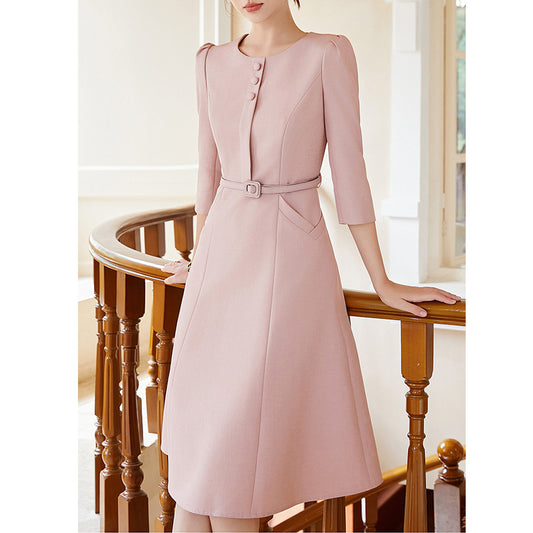 Temperament mid-sleeve pink dress (with belt)