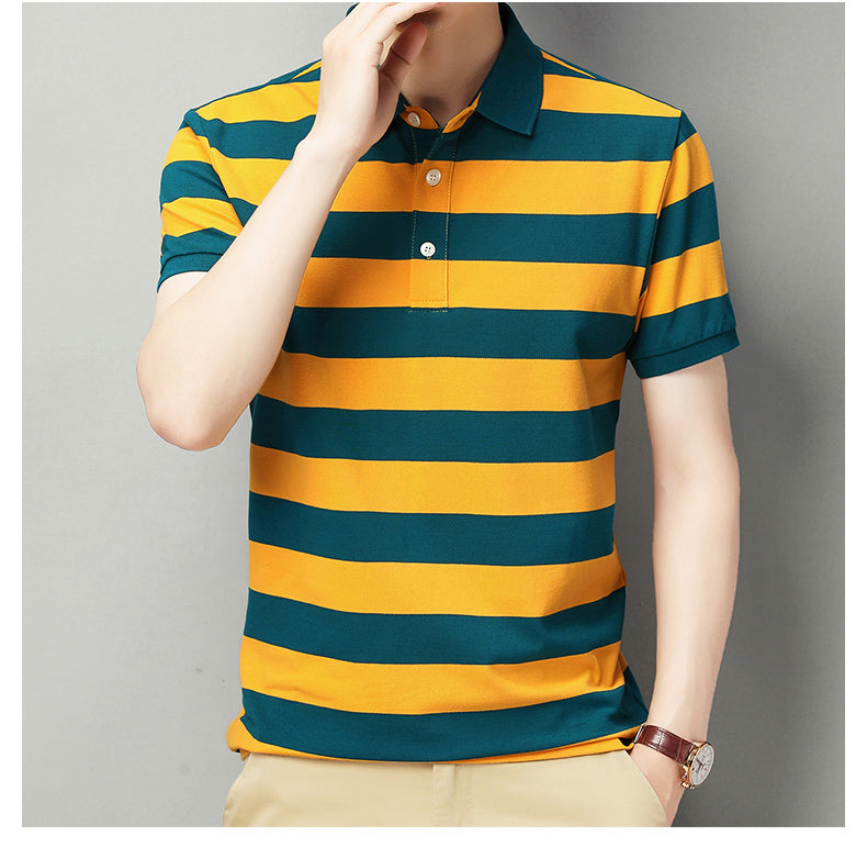 Men's Short Sleeve T-Shirt Pure Cotton Casual Striped Polo Shirt