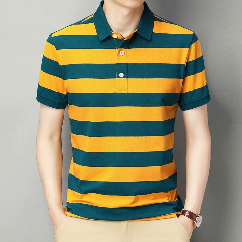 Men's Short Sleeve T-Shirt Pure Cotton Casual Striped Polo Shirt