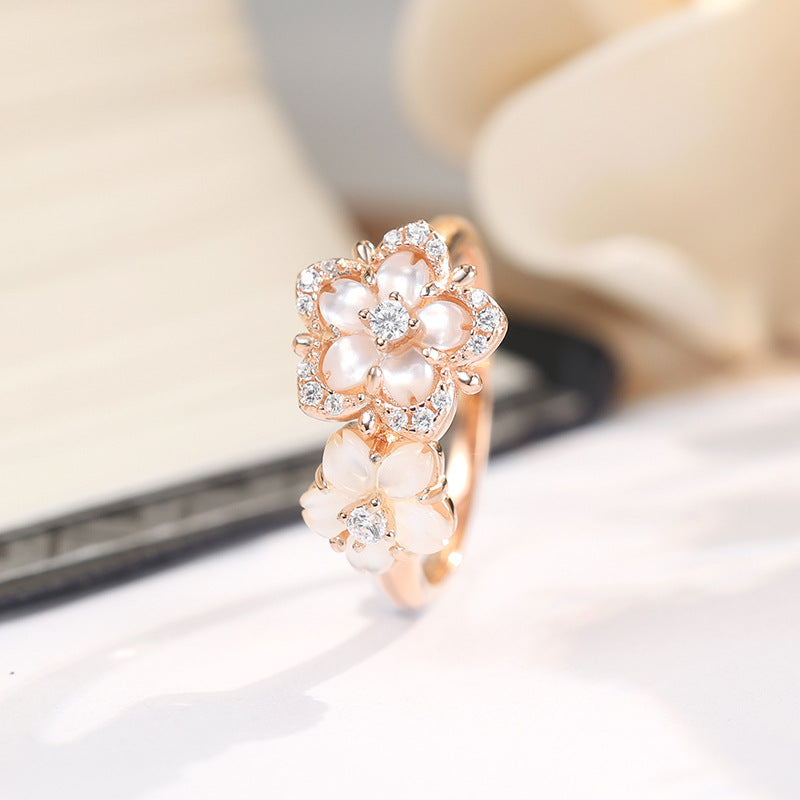 Flower Ring Sterling Silver Zircon shells Light Luxury Elegant Jewelry