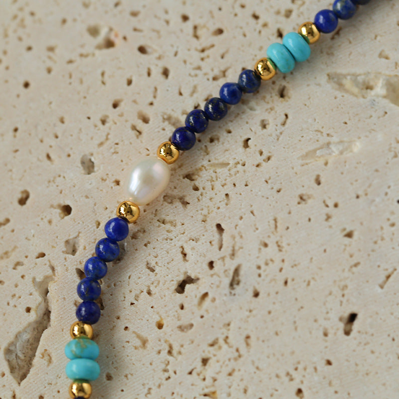 Handmade Natural Lapis lazuli Beaded Stone Necklace Female