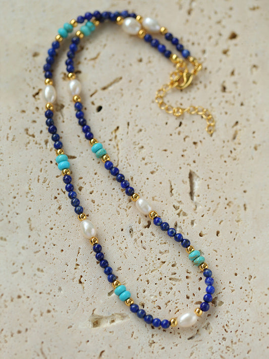 Handmade Natural Lapis lazuli Beaded Stone Necklace Female