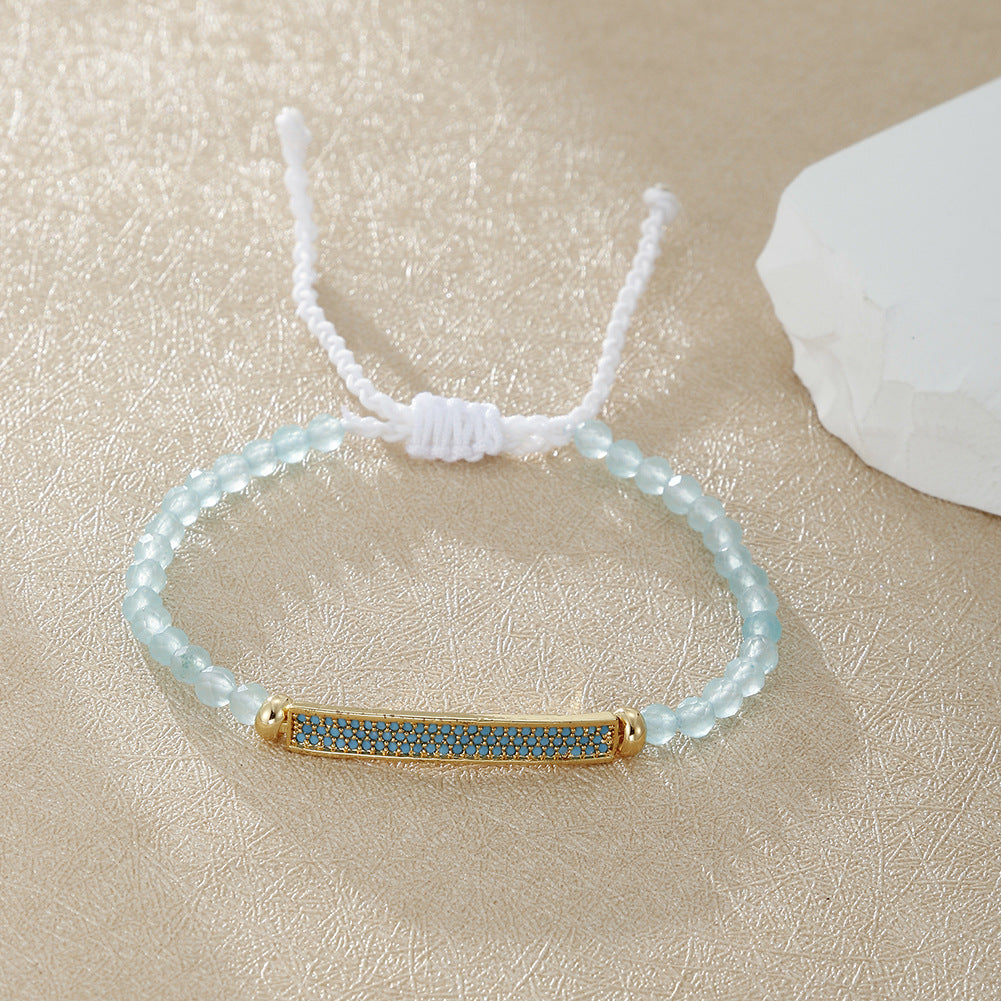 Natural stone jewelry aquamarine crystal woven bracelet adjustable