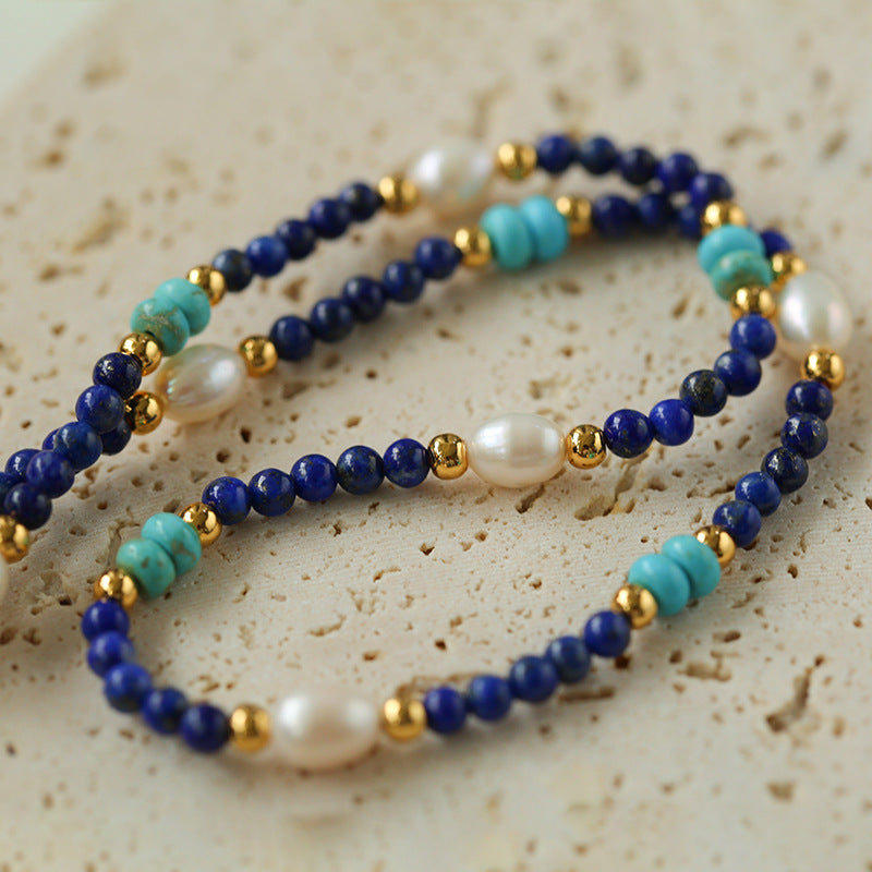 Handmade Natural Lapis lazuli Beaded Stone Necklace Female