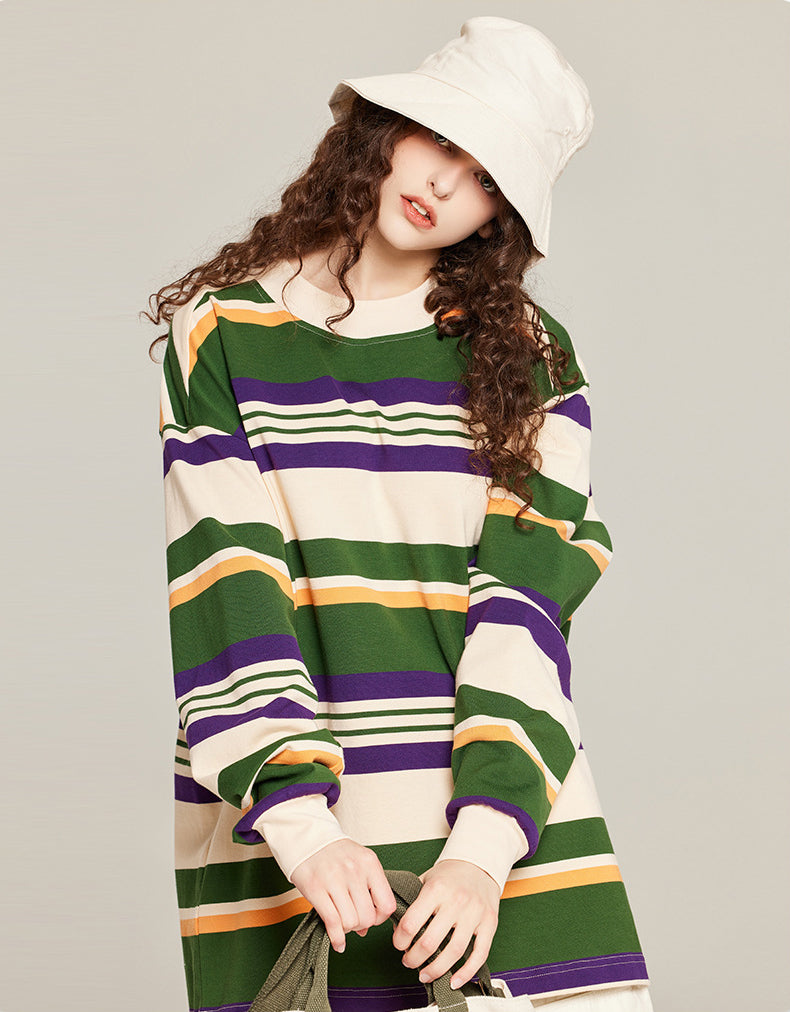 Pure cotton long-sleeved striped T-shirt