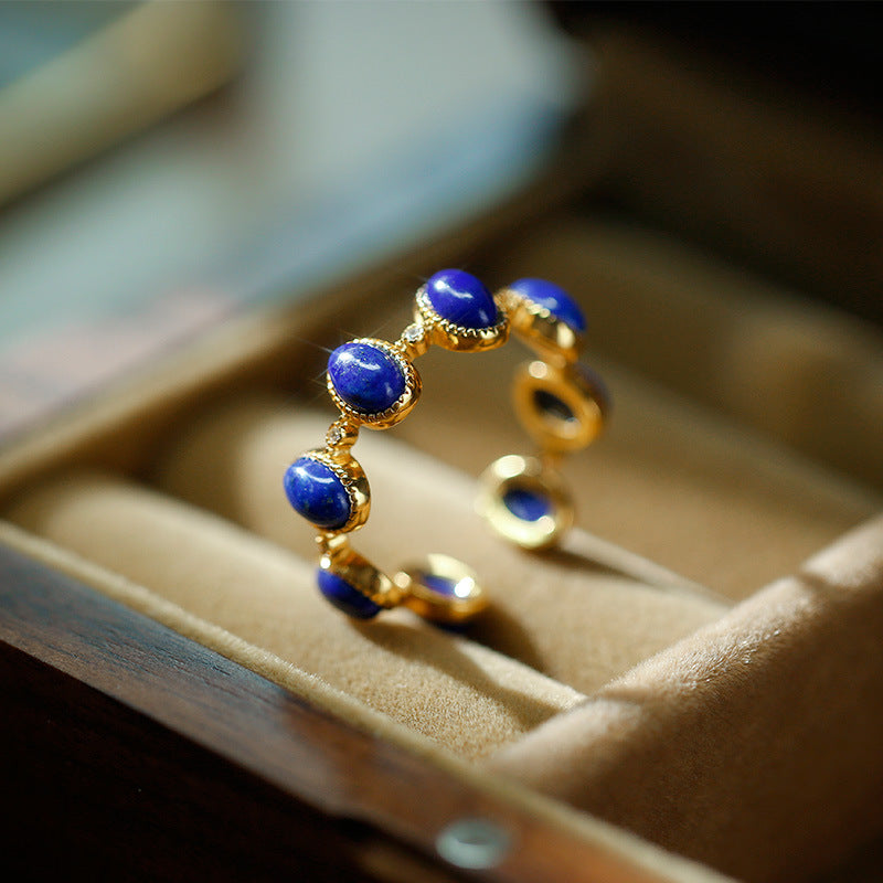 Sterling silver plated gold inlaid lapis lazuli ring with adjustable opening for women