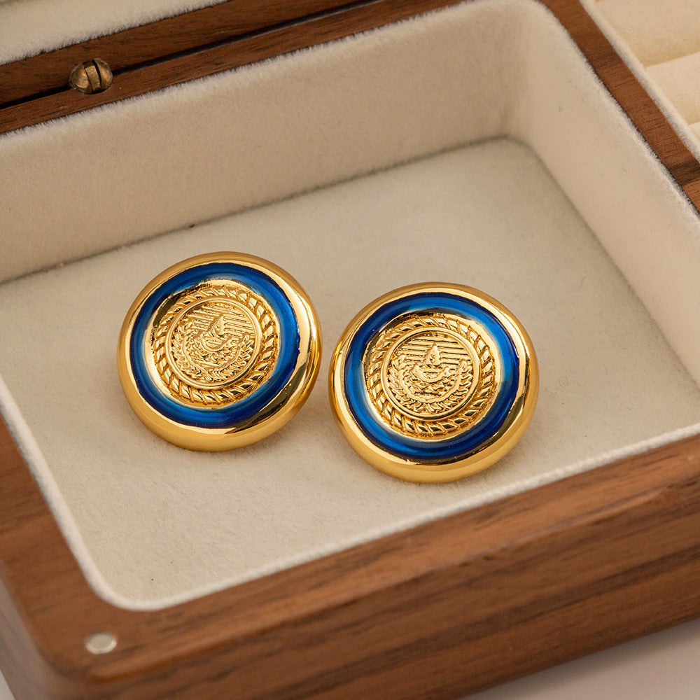 Round Dropping Oil Blue Button Emblem Earrings Female Copper Plated 18K Gold Jewelry