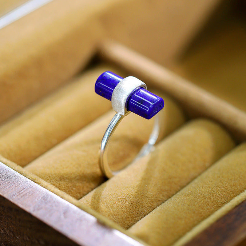 Sterling silver rectangle natural lapis lazuli ring