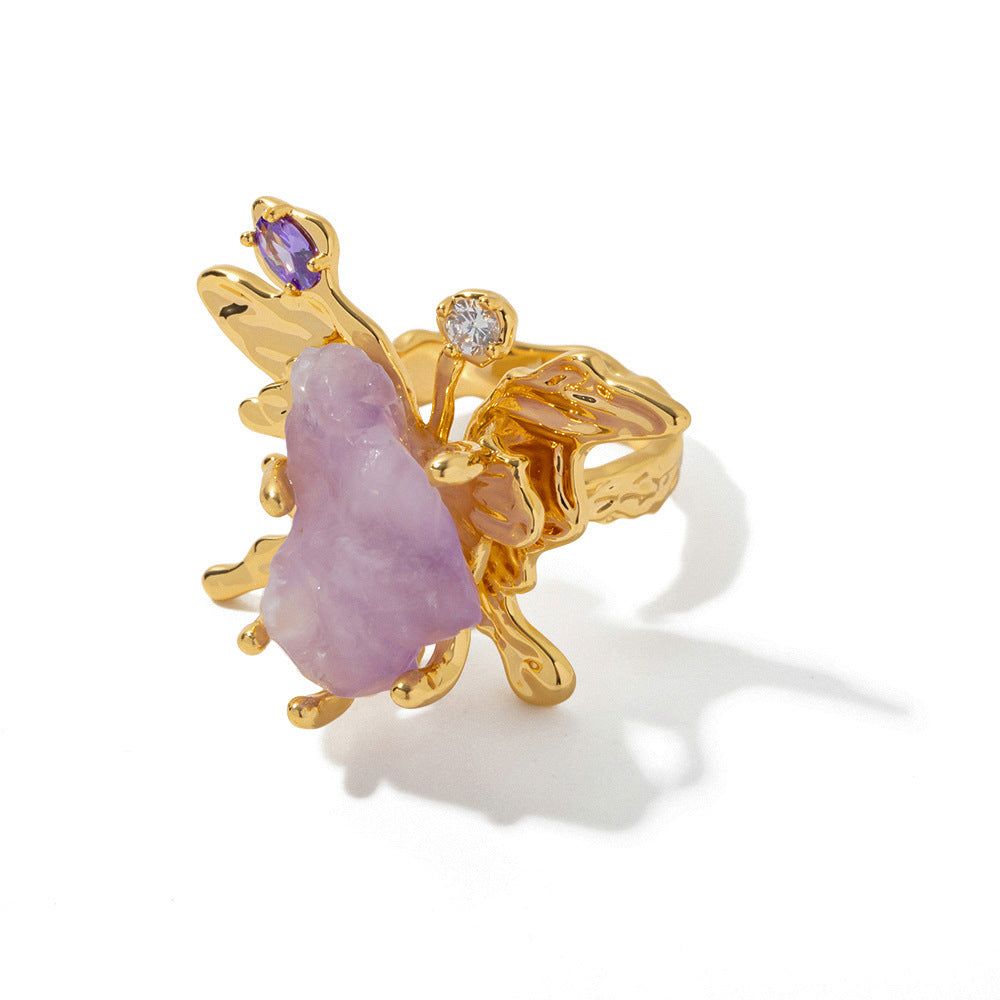 Chinese Natural amethyst Gem Ring Women's Copper Plated 18K Gold Jewelry