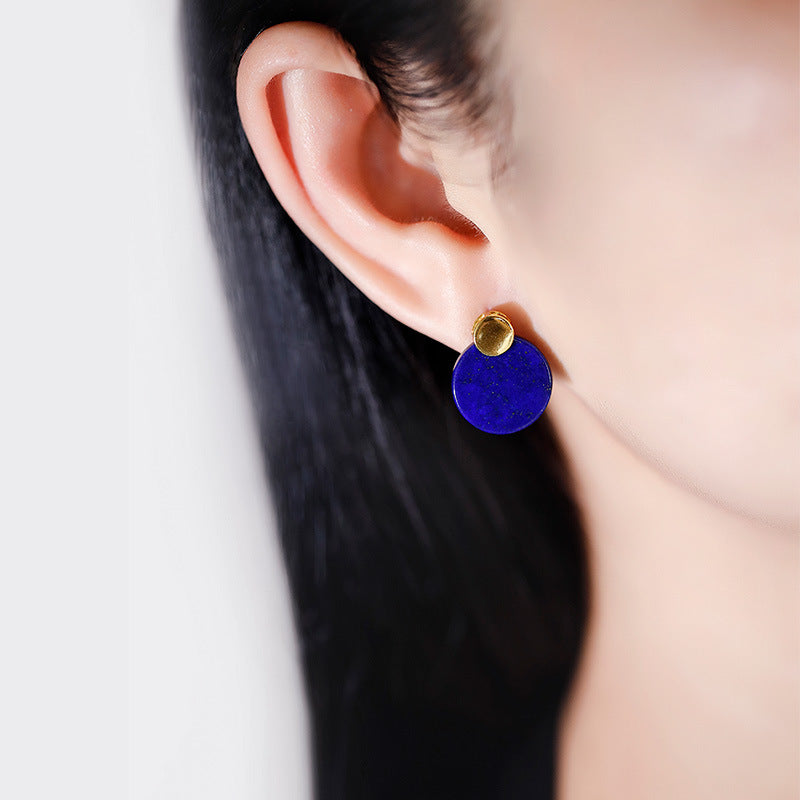 Round lapis lazuli earrings with sterling silver and gold plating