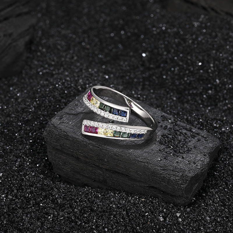 Sterling Silver Rainbow Ring Plated with Platinum Inlaid with Colorful Zircon for Men and Women