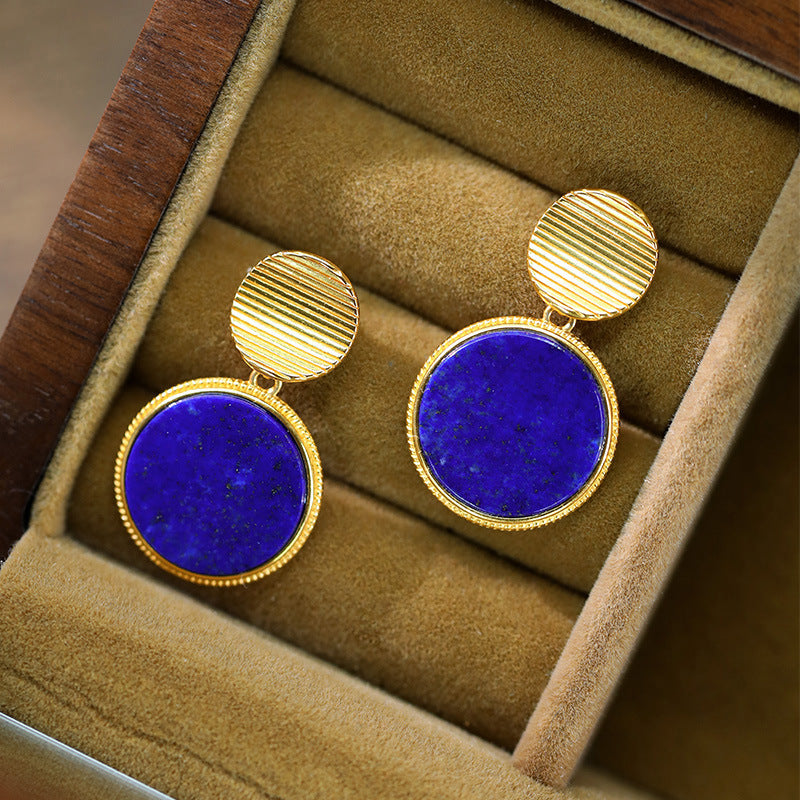 Sterling Silver Plated Gold Inlaid Natural Lapis lazuli Round Women's Earrings