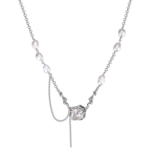 Natural Pearl Square Pendant Sterling Silver Necklace