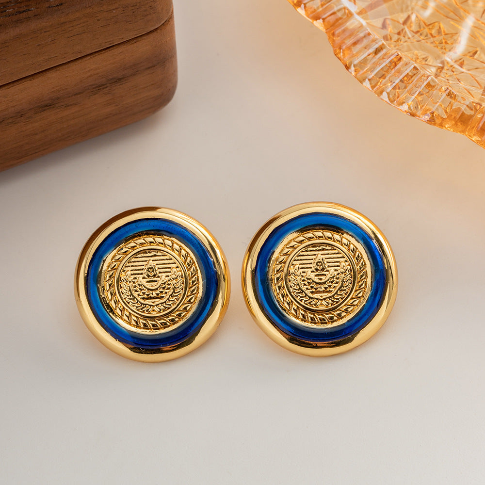 Round Dropping Oil Blue Button Emblem Earrings Female Copper Plated 18K Gold Jewelry