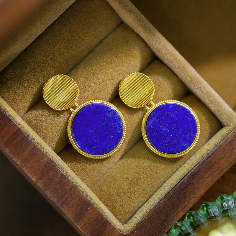 Sterling Silver Plated Gold Inlaid Natural Lapis lazuli Round Women's Earrings