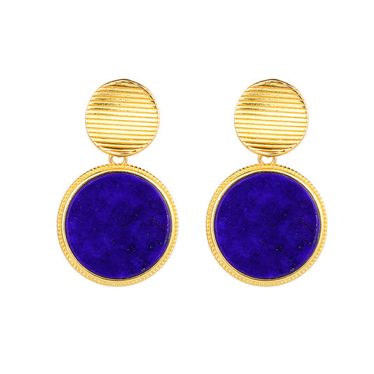 Sterling Silver Plated Gold Inlaid Natural Lapis lazuli Round Women's Earrings