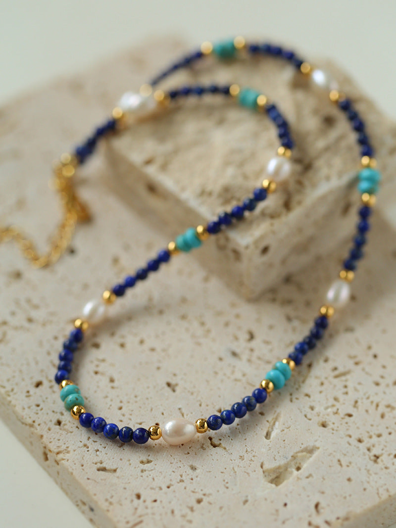 Handmade Natural Lapis lazuli Beaded Stone Necklace Female