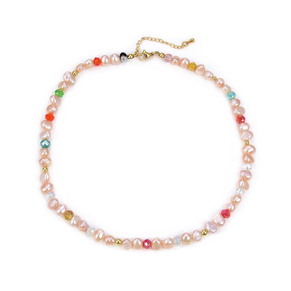 Pink Natural Pearl Necklace Women's Handmade Beaded Colorful Crystal Collar Chain