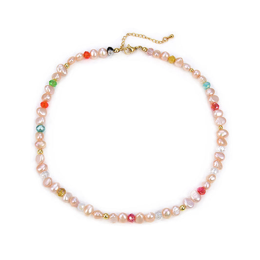 Pink Natural Pearl Necklace Women's Handmade Beaded Colorful Crystal Collar Chain