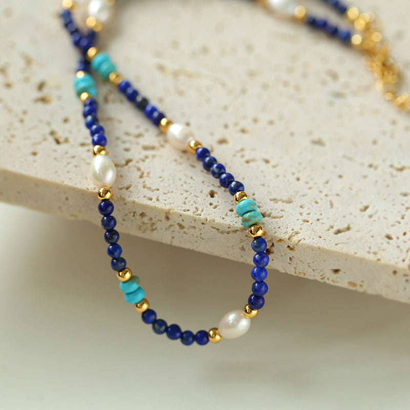 Handmade Natural Lapis lazuli Beaded Stone Necklace Female