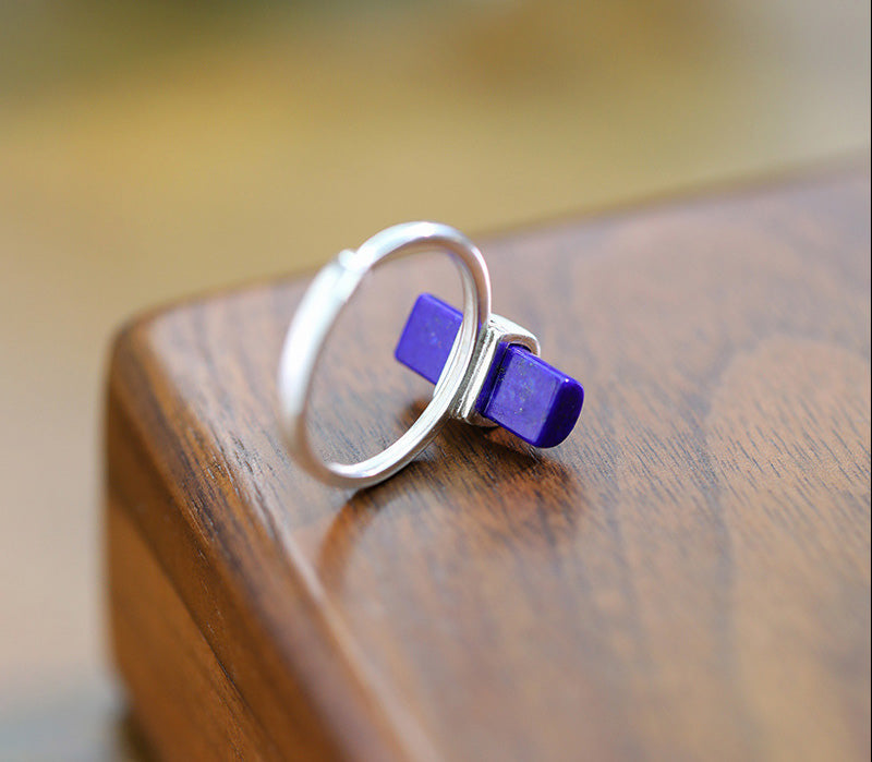 Sterling silver rectangle natural lapis lazuli ring