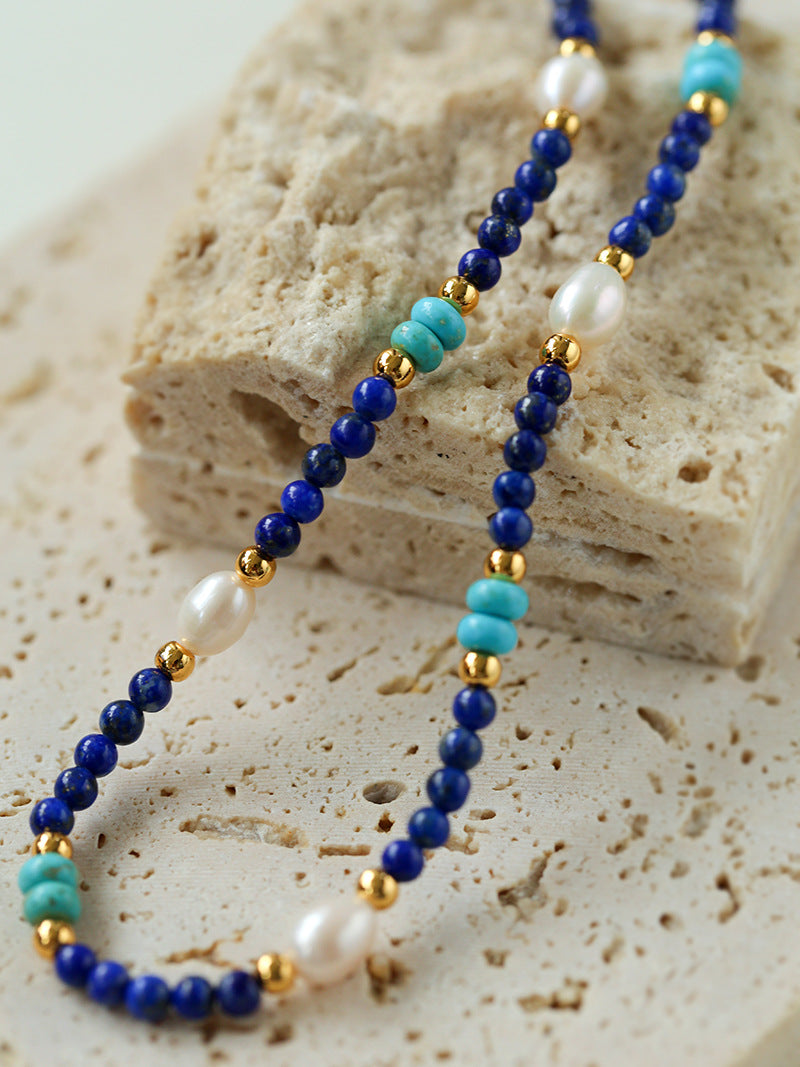 Handmade Natural Lapis lazuli Beaded Stone Necklace Female