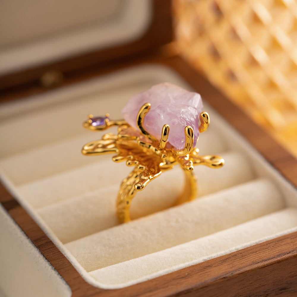 Chinese Natural amethyst Gem Ring Women's Copper Plated 18K Gold Jewelry