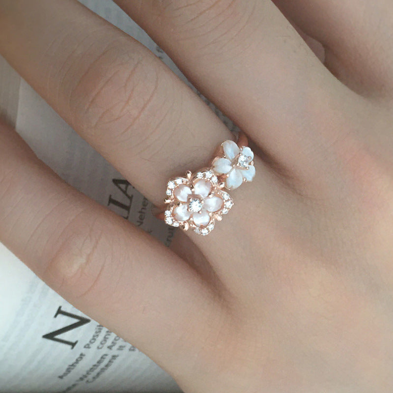 Flower Ring Sterling Silver Zircon shells Light Luxury Elegant Jewelry