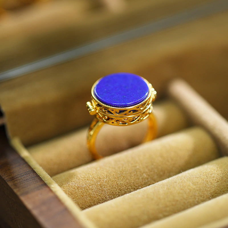 Sterling Silver plated gold Inlaid Lapis lazuli Round Open Closed Box Ring