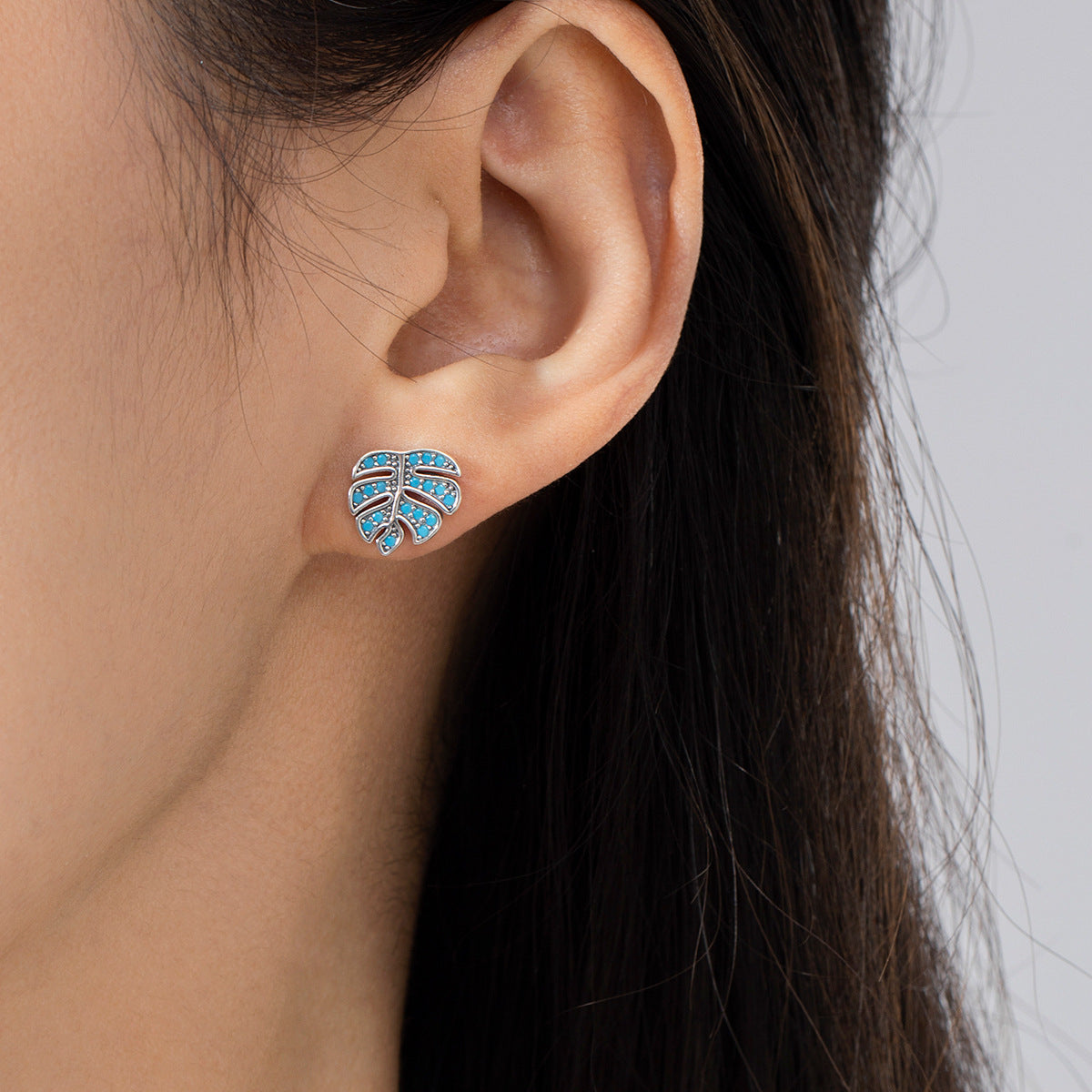 Sterling silver inlaid turquoise leaf earrings female