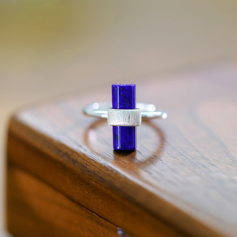 Sterling silver rectangle natural lapis lazuli ring