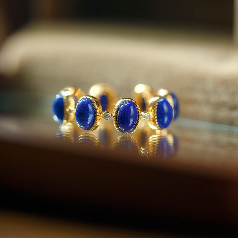 Sterling silver plated gold inlaid lapis lazuli ring with adjustable opening for women