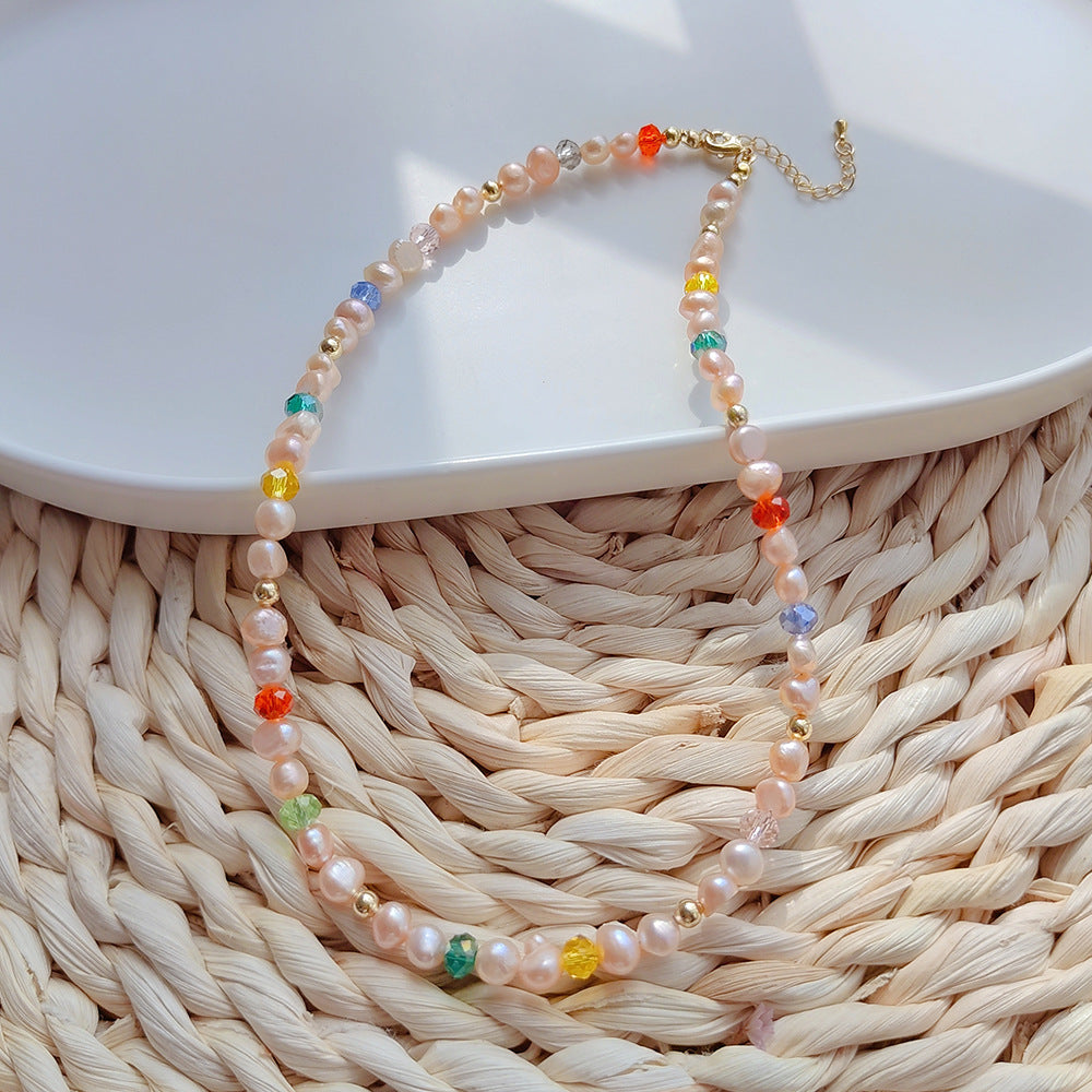 Pink Natural Pearl Necklace Women's Handmade Beaded Colorful Crystal Collar Chain