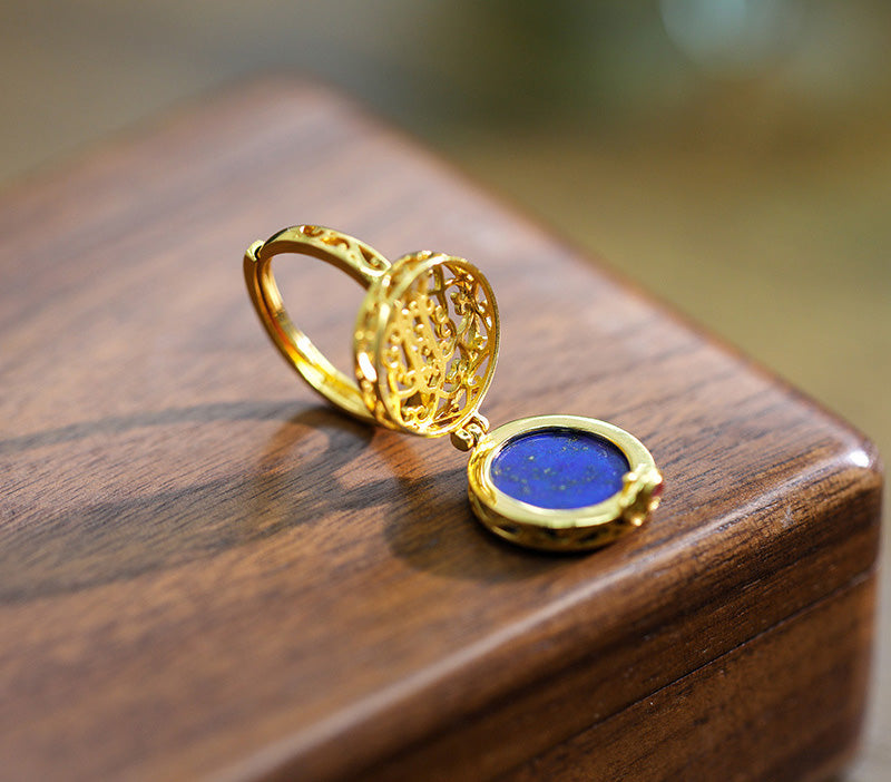 Sterling Silver plated gold Inlaid Lapis lazuli Round Open Closed Box Ring