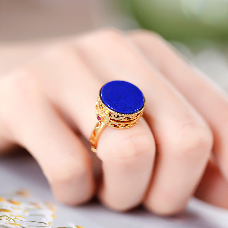 Sterling Silver plated gold Inlaid Lapis lazuli Round Open Closed Box Ring