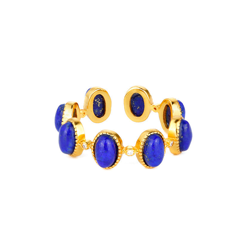 Sterling silver plated gold inlaid lapis lazuli ring with adjustable opening for women