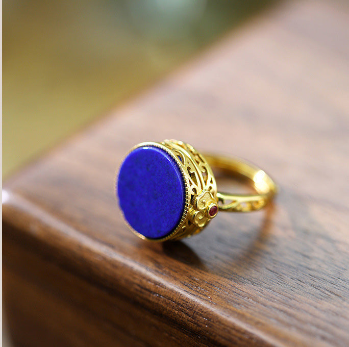 Sterling Silver plated gold Inlaid Lapis lazuli Round Open Closed Box Ring