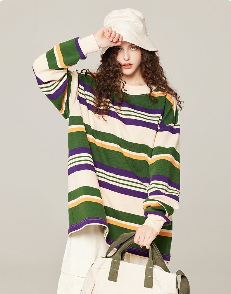 Pure cotton long-sleeved striped T-shirt