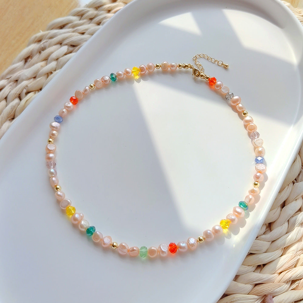 Pink Natural Pearl Necklace Women's Handmade Beaded Colorful Crystal Collar Chain