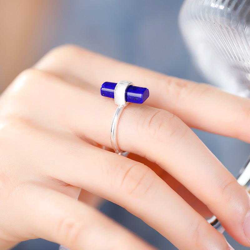 Sterling silver rectangle natural lapis lazuli ring