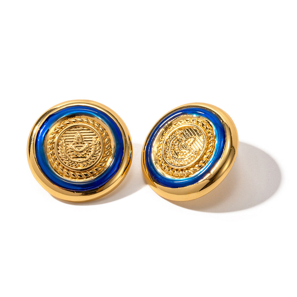 Round Dropping Oil Blue Button Emblem Earrings Female Copper Plated 18K Gold Jewelry