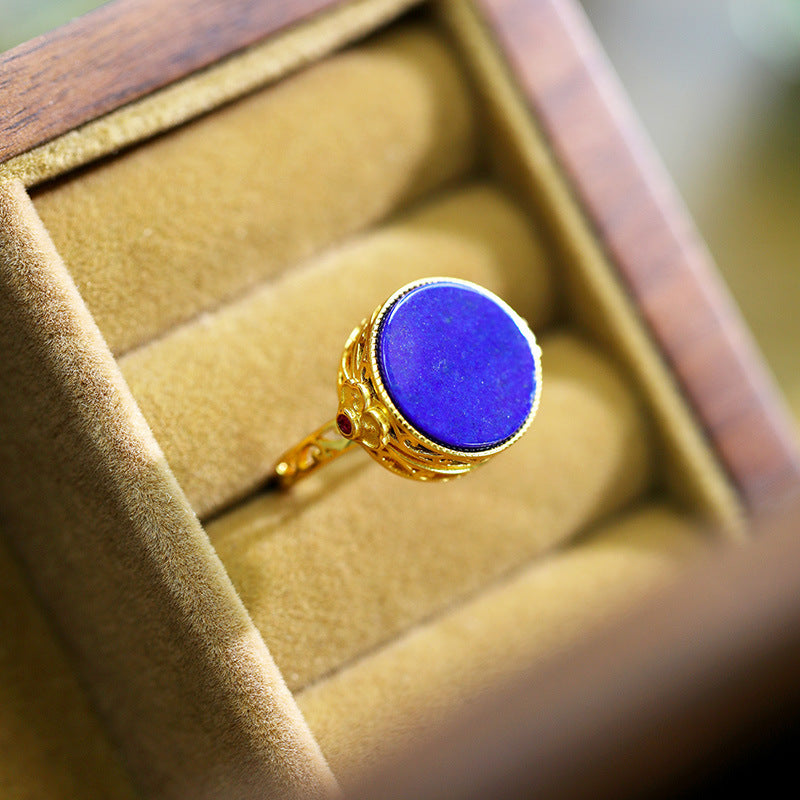 Sterling Silver plated gold Inlaid Lapis lazuli Round Open Closed Box Ring