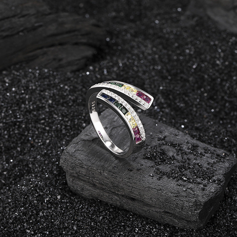 Sterling Silver Rainbow Ring Plated with Platinum Inlaid with Colorful Zircon for Men and Women