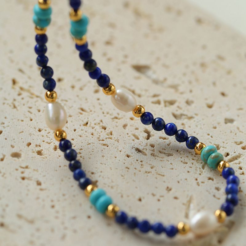 Handmade Natural Lapis lazuli Beaded Stone Necklace Female