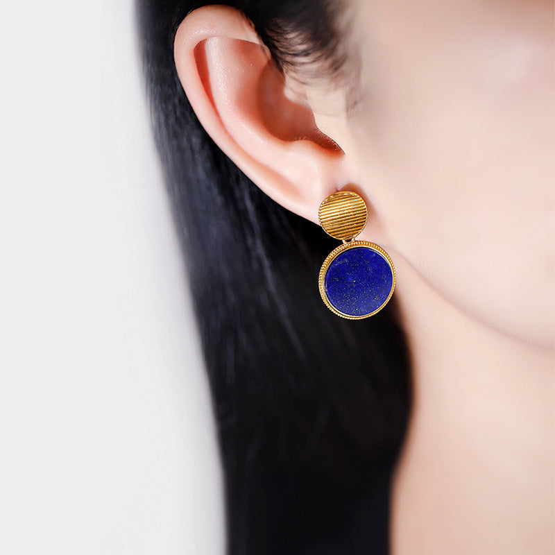 Sterling Silver Plated Gold Inlaid Natural Lapis lazuli Round Women's Earrings