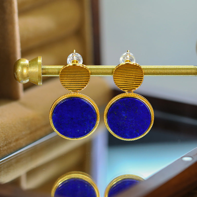 Sterling Silver Plated Gold Inlaid Natural Lapis lazuli Round Women's Earrings