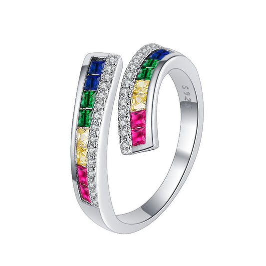 Sterling Silver Rainbow Ring Plated with Platinum Inlaid with Colorful Zircon for Men and Women