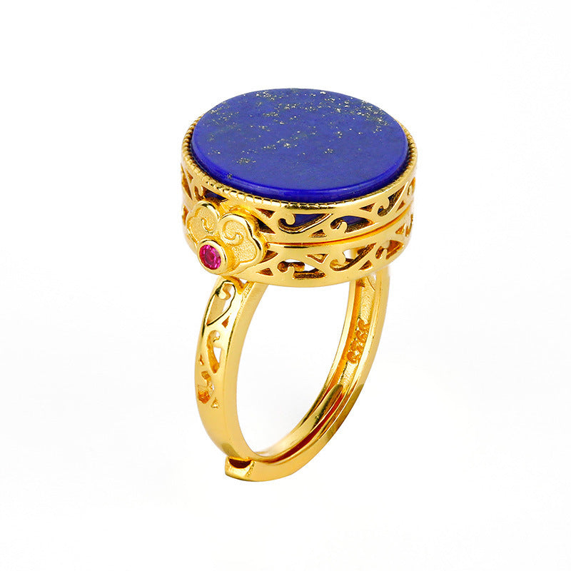 Sterling Silver plated gold Inlaid Lapis lazuli Round Open Closed Box Ring