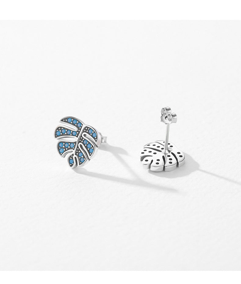 Sterling silver inlaid turquoise leaf earrings female